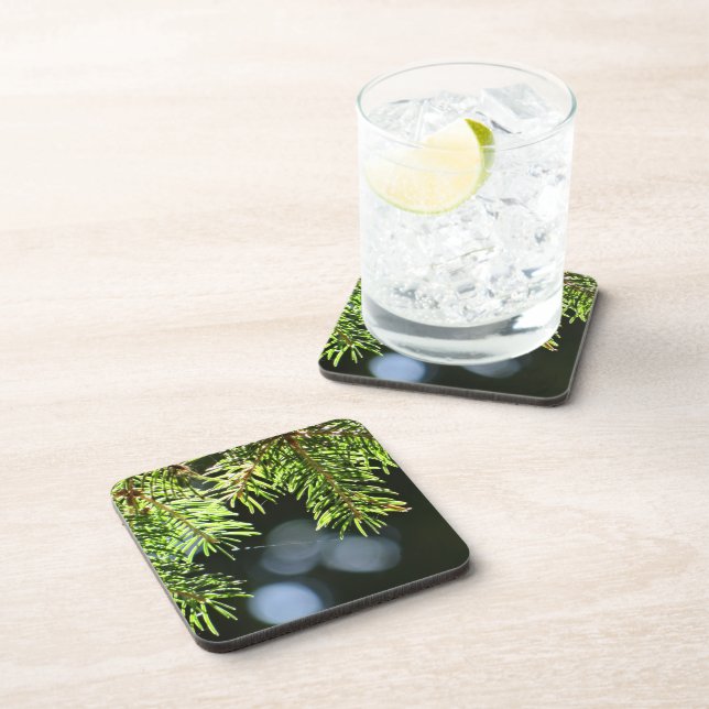 Fir pine needles with bokeh beverage coaster (Right Side)