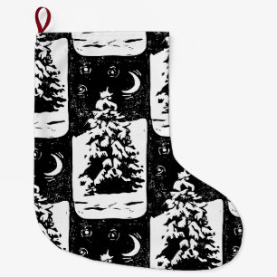 Fir Tree in Snowy Landscape Lino Print  Large Christmas Stocking