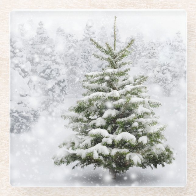 Fir Tree In Thick Snow Glass Coaster (Front)