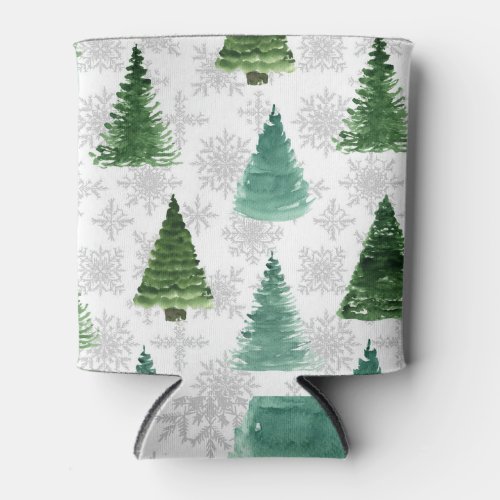 Fir Tree Snowflakes Watercolor Pattern Can Cooler