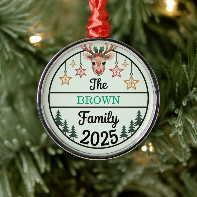 Fir Trees Stars Family Name 2025 Christmas Metal Ornament (Tree)