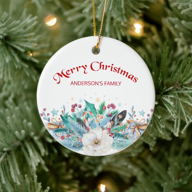 Fir Twigs And White Rose Ceramic Ornament (Tree)