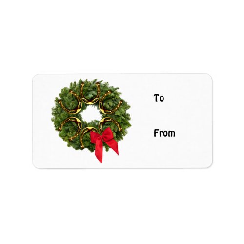 Fir Wreath with Gold Horseshoes & Red Bow Label