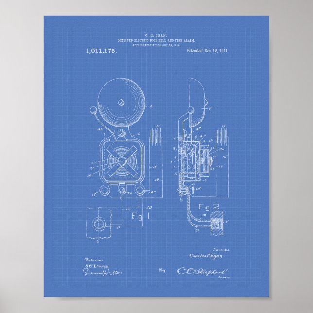 Fire Alarm 1911 Patent Art - Blueprint Poster (Front)