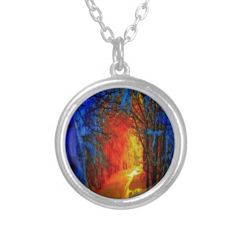 Fire and Ice Beautiful Artistic Blue Orange Red Silver Plated Necklace