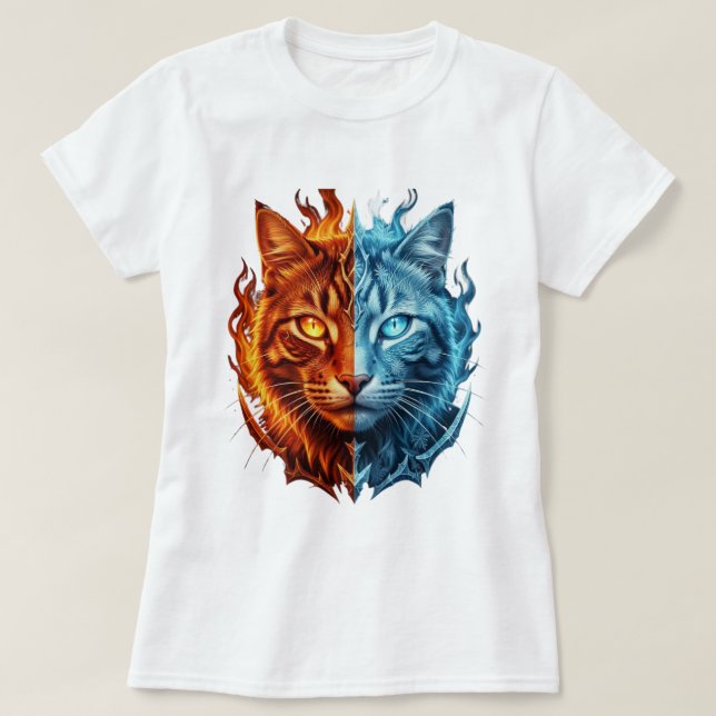 Fire and Ice Cat – Split Elemental Cat Face | T-Shirt (Design Front)