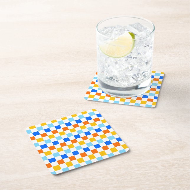 Fire and ice checkerboard pattern square paper coaster (Insitu)