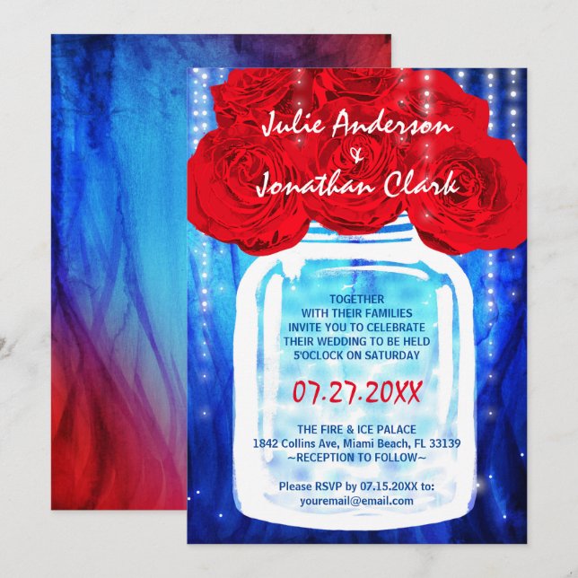 Fire and Ice Wedding Invitations | Red and Blue (Front/Back)