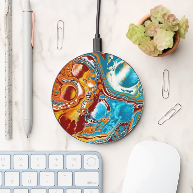 Fire and IceAbstract Digital Pour Paint Wireless Charger (Desk)