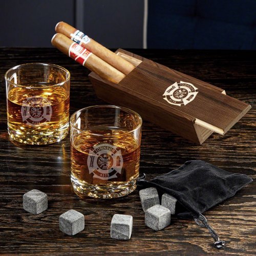 Fire and Rescue Cigar Box Set with Whiskey Glass