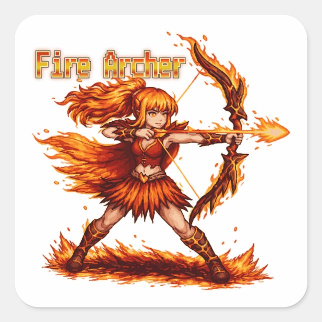 Fire Archer Pixel Art RPG Fantasy Flame Warrior Square Sticker (Front)