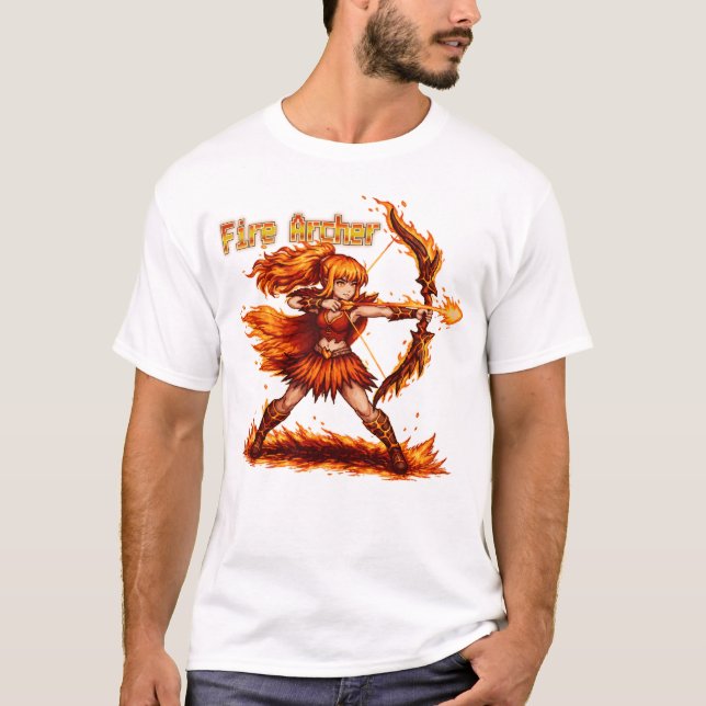 Fire Archer Pixel Art RPG Fantasy Flame Warrior T-Shirt (Front)