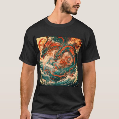 Fire Blue Dragons Emerge from the Ocean T_Shirt