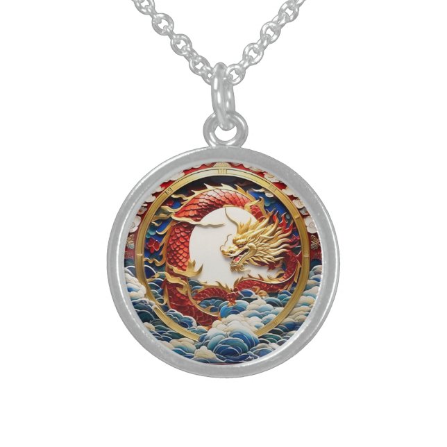 Fire breathing dragon artificial intelligence sterling silver necklace (Front)