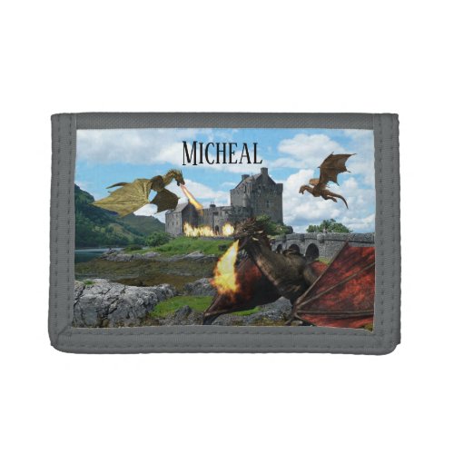 Fire Breathing Dragon Fantasy Castle Personalized Trifold Wallet