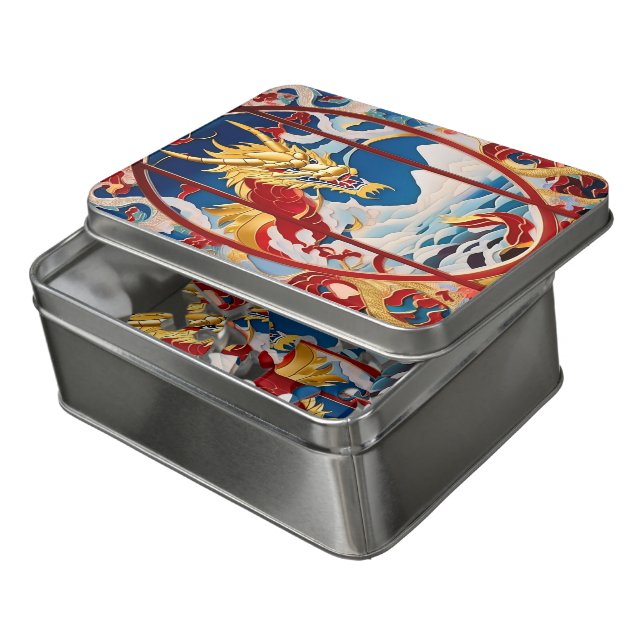 Fire breathing dragon Gold And Red Jigsaw Puzzle (Lid Open)