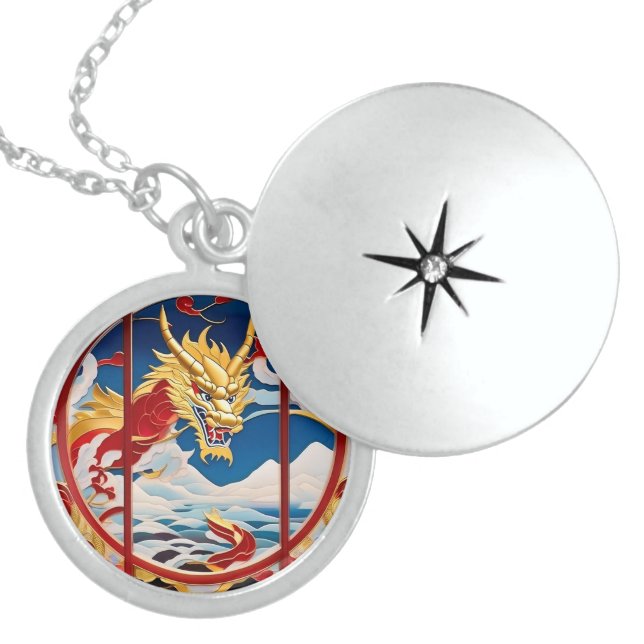 Fire breathing dragon Gold And Red Locket Necklace (Front)