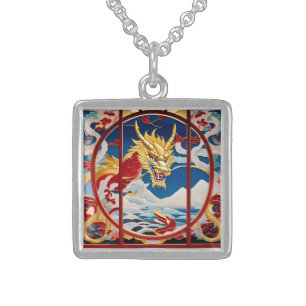 Fire breathing dragon Gold And Red Sterling Silver Necklace