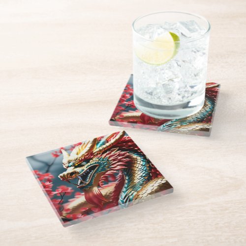 Fire breathing dragon gold blue and red scales glass coaster