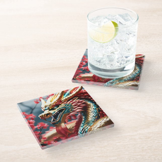 Fire breathing dragon gold blue and red scales glass coaster (Angled)