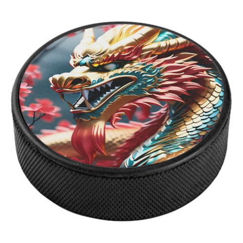 Fire breathing dragon gold blue and red scales hockey puck