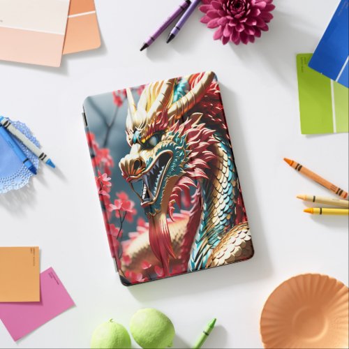 Fire breathing dragon gold blue and red scales iPad air cover