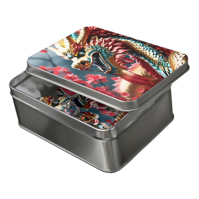 Fire breathing dragon gold blue and red scales jigsaw puzzle (Lid Open)