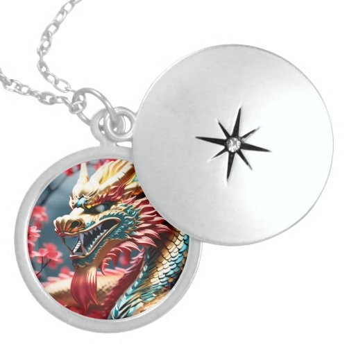 Fire breathing dragon gold blue and red scales locket necklace