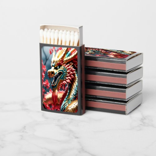 Fire breathing dragon gold blue and red scales matchboxes