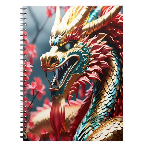 Fire breathing dragon gold blue and red scales notebook