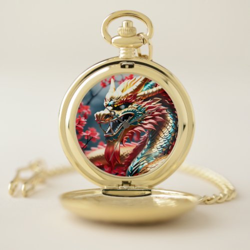 Fire breathing dragon gold blue and red scales pocket watch