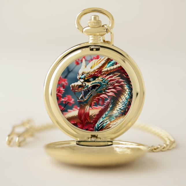 Fire breathing dragon gold blue and red scales pocket watch (Inside)
