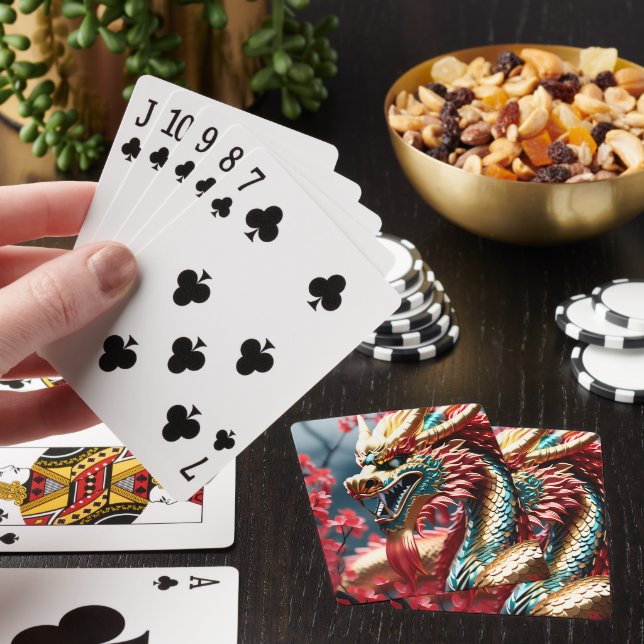 Fire breathing dragon gold blue and red scales poker cards (In Situ)