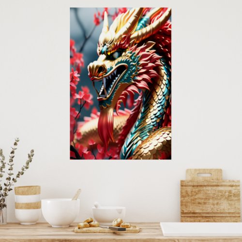 Fire breathing dragon gold blue and red scales poster
