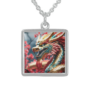 Fire breathing dragon gold blue and red scales sterling silver necklace