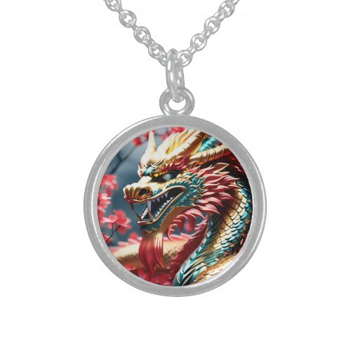 Fire breathing dragon gold blue and red scales sterling silver necklace