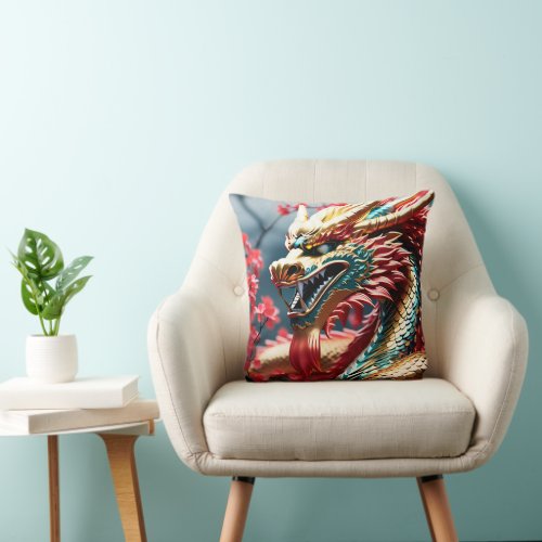 Fire breathing dragon gold blue and red scales throw pillow