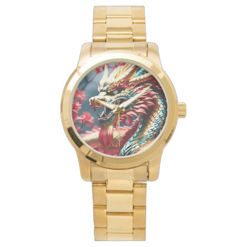 Fire breathing dragon gold blue and red scales watch