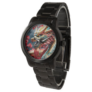 Fire breathing dragon gold blue and red scales watch