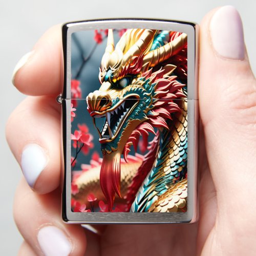 Fire breathing dragon gold blue and red scales zippo lighter