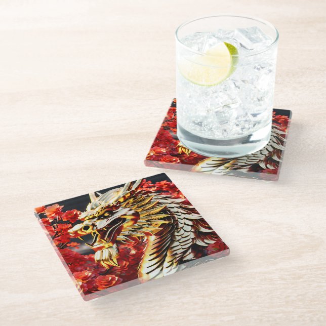 Fire breathing dragon gold head glass coaster (Angled)