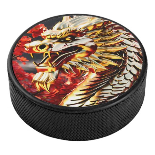 Fire breathing dragon gold head hockey puck