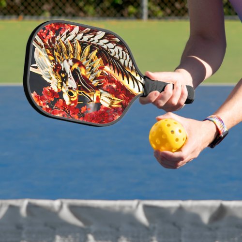 Fire breathing dragon gold head pickleball paddle