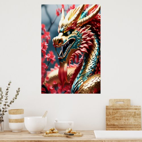 Fire breathing dragon gold head poster