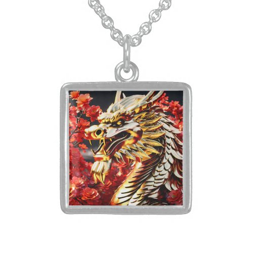 Fire breathing dragon gold head sterling silver necklace