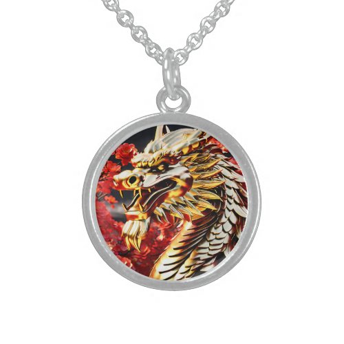 Fire breathing dragon gold head sterling silver necklace