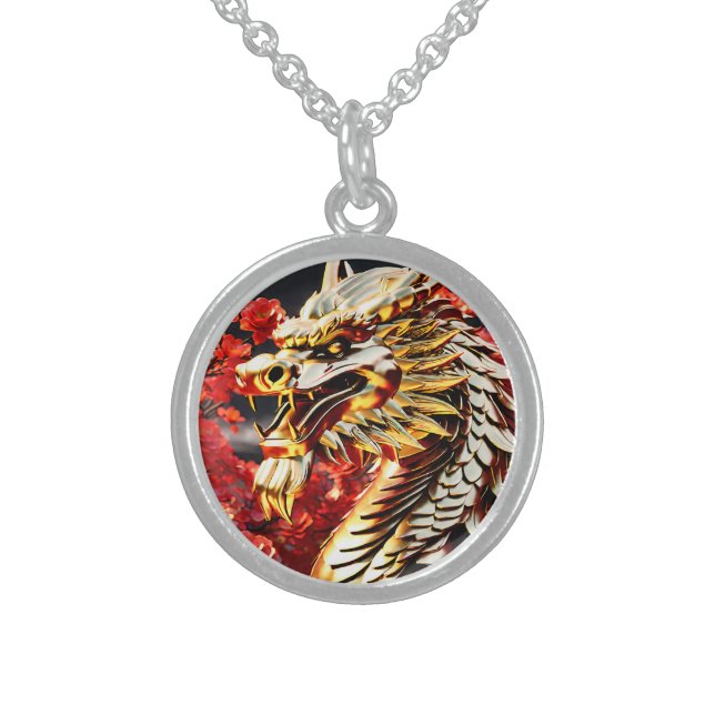 Fire breathing dragon gold head sterling silver necklace (Front)