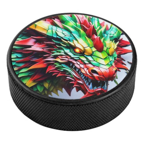 Fire breathing dragon Green And Red Hockey Puck