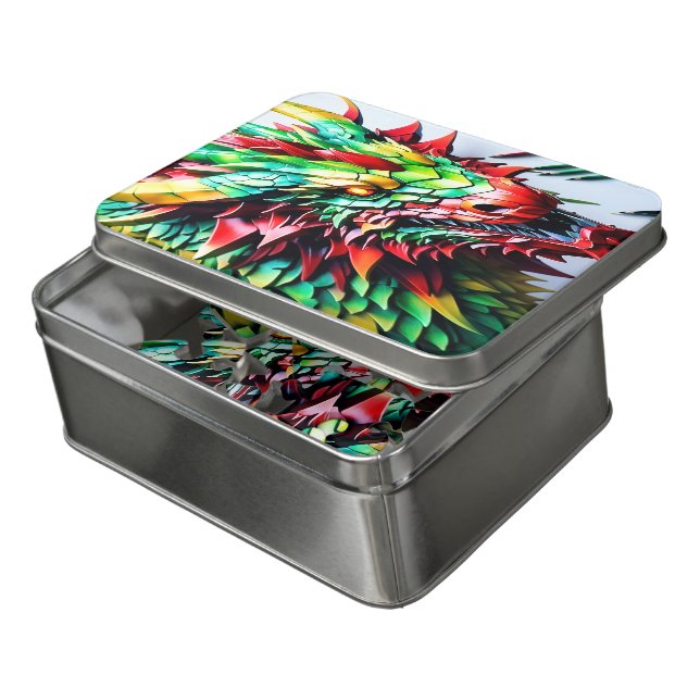 Fire breathing dragon Green And Red Jigsaw Puzzle (Lid Open)