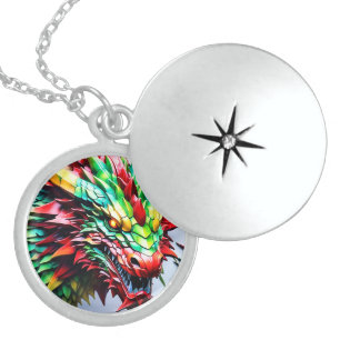 Fire breathing dragon Green And Red Locket Necklace
